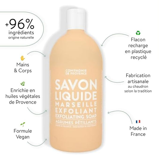 Compagnie de Provence Savon de Marseille Extra Pure Liquid Soap - Sparkling Citrus Exfoliating - 33.8 Fl Oz Plastic Bottle Refill