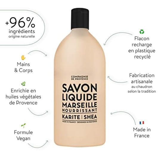 Compagnie de Provence Savon de Marseille Nourishing Liquid Soap, Karite (Shea Butter), 33.8 Fl Oz Refill