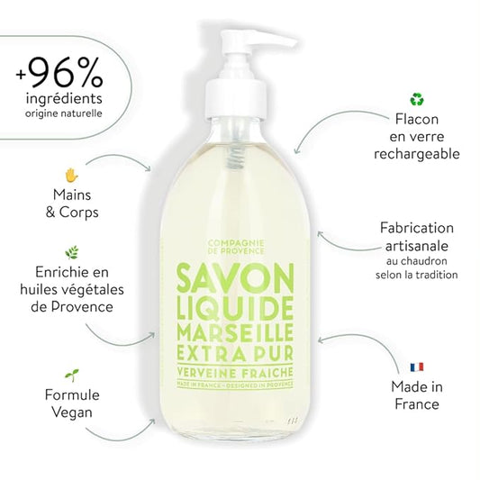 Compagnie de Provence Savon de Marseille Extra Pure Liquid Soap - Fresh Verbena - 16.7 Fl Oz Glass Pump Bottle