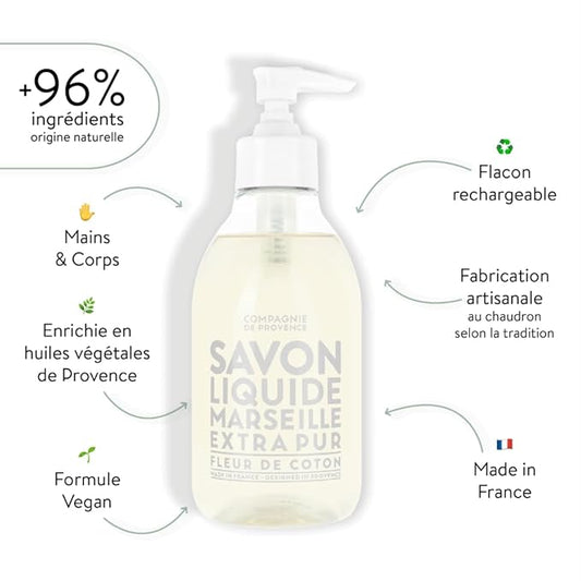 Compagnie de Provence Savon de Marseille Extra Pure Liquid Soap - Cotton Flower - 10 Fl Oz Plastic Pump Bottle