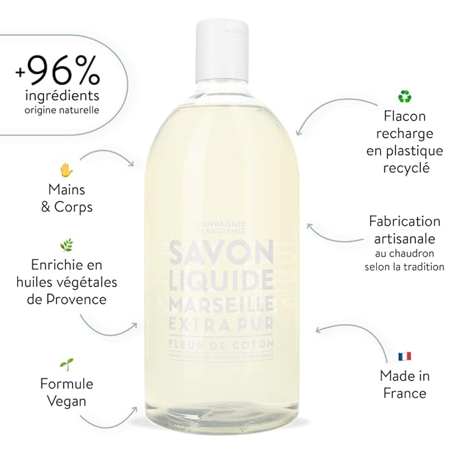 Compagnie de Provence Savon de Marseille Extra Pure Liquid Soap - Cotton Flower - 33.8 fl oz Plastic Bottle Refill