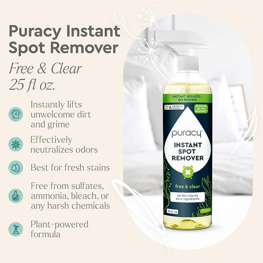 Puracy Laundry Stain Remover for Clothes Laundry - Carpet Stain Remover Carpet Spot Cleaner Couch Stain Remover - Clothes Spray, Free & Clear - Instant Spot Remover, 25 Fl Oz (Pack of 1)
