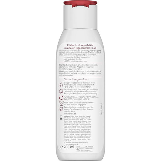 lavera Body Milk Regenerating - Body lotion with cranberry & argan oil - Firming care for mature skin - PETA certified - Biodegradable - vegan - natural cosmetics - 6,76 fl.oz.