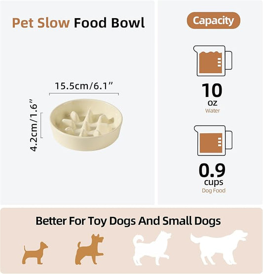 Ceramic 0.9 Cup Dog Bowl Slow Feeder, 6.1inch Slow Pet Food Dish for Small Dog and Cat, Stop Bloat, Preventing Choking(Single Bowl, Beige)