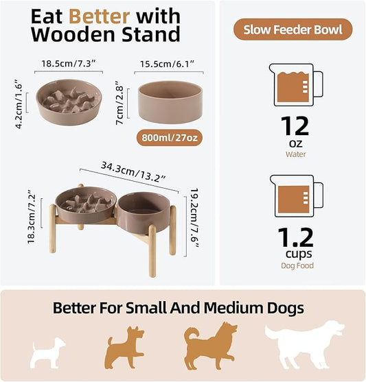 Ceramic 1.2 Cup Raised Slow Feeder Dog Bowl Set, Elevated 6.1inch Bowl and 7.3inch Slow Pet Food Dish with Wooden Stand for Small and Medium Dog (2 x Brown Coffee+ Stand)