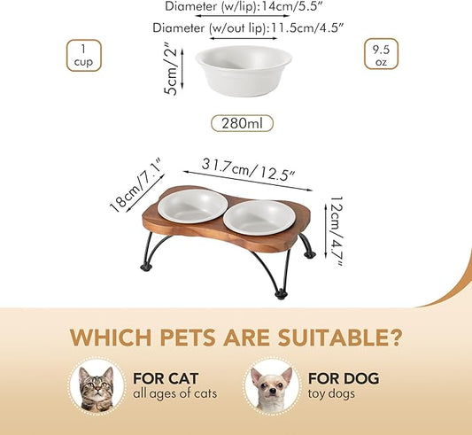Ceramic 5.5-inch Raised Double-Bowl Set with Non-Slip Stand, 1 Cup Food or 9.5oz Water Dishes for Puppies and Cats, Wide Opening with Rounded Edges(Matt White)