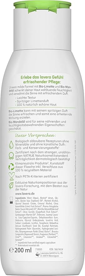 lavera Body Lotion Refreshing - Body Milk with lime & almond oil fragrance - body milk for normal skin - PETA certified - biodegradable - vegan - natural cosmetics - 6.76 fl.oz.