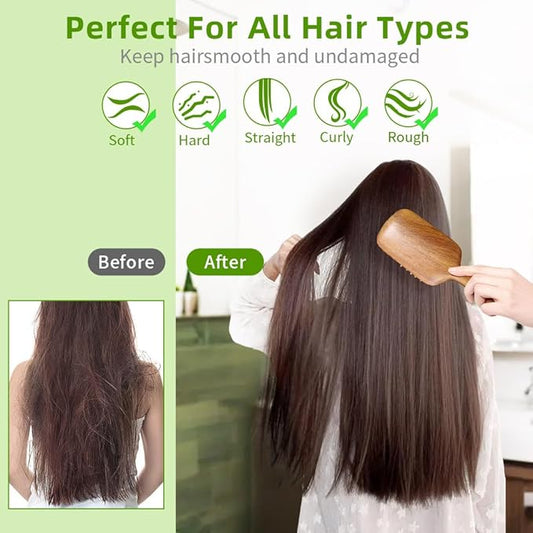 Hair Brushes for Women Men Kids Natural Green Sandalwood Wooden Hair Brush with Ergonomic Handle Enhance Shine Detangling Hairbrush for Dry Curly Thick Thin Straight Hair