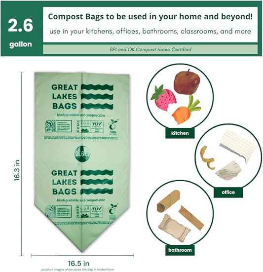 Great Lakes 2.6 Gallon Compostable and Biodegradable Trash Bag, 100 Count, Small Compostable Bag For Kitchen Food Scrap, Bathroom, Office, Certified by BPI and OK Compost Home