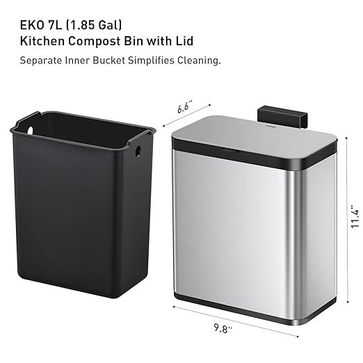 EKO Kitchen Compost Bin, 7L / 1.85 Gal Stainless Steel with Removable Inner Bucket and Deodorizer Compartment, 2-in-1 Countertop Compost Bin with Lid, Food Waste Caddy for Kitchen (MMT & Black Finish)