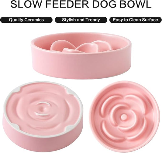 6'' Ceramic Slow Feeder Dog Bowls - Petal Shape Modern Dog Food Dish for Cats and Small Breed Dogs, Puzzle Maze Bowl to Slow Down Eating, Anti-Gulping, Dishwasher & Microwave Safe, Pink