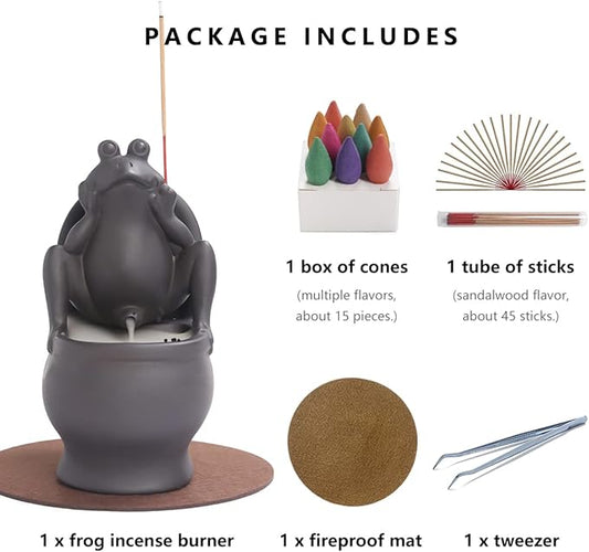 ChangWanna Frog Incense Holder Burner - Ceramic Cone Backflow Incense Burner Smoke Fountain, Back Flowing Incense Diffuser with 45 Sticks & 15 Cones, Frog Ornament for Aromatherapy/Yoga/Home Decor