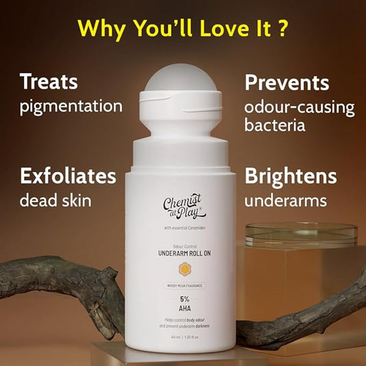 Chemist at Play UnderArm Roll-On with 5% AHA|Lactic & Mandelic Acid|Prevents Odour, Brightens Skin & Exfoliates Underarm|For Sensitive Skin |Woody Musk Fragrance |Alcohol & Aluminium Free | 1.35 fl oz