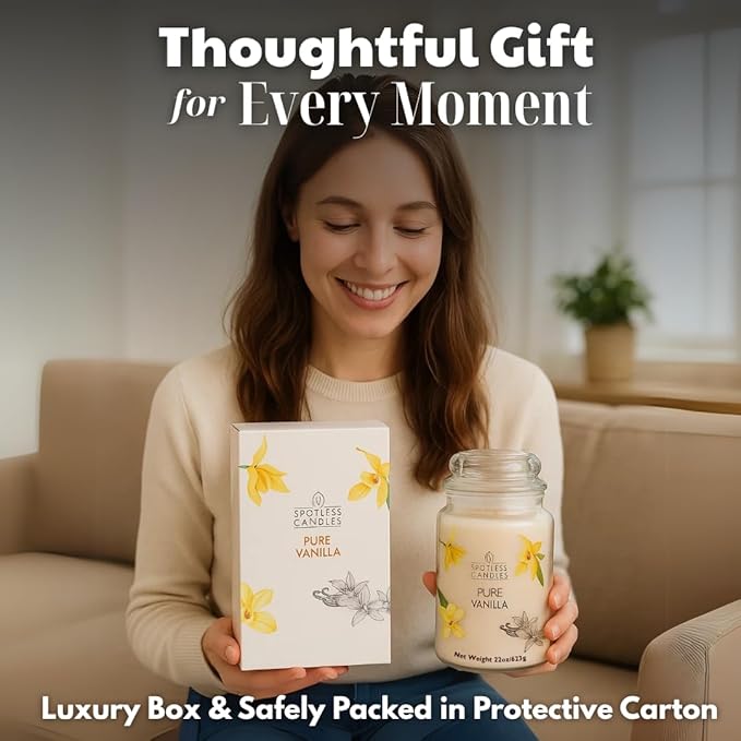 Vanilla Candle 22oz 16" x 9" Reusable Jar Candle 130 Hours Long Burn Time with Wooden Wick in Presentation Gift Box & Protective Shipper Spotless Leopard