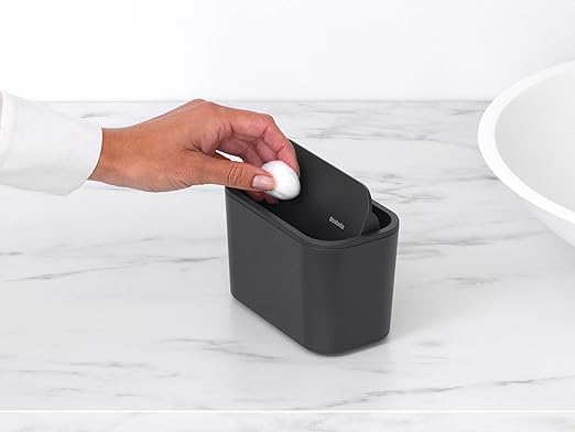 Brabantia MindSet Bathroom Small Trash Caddy (Dark Gray) Hygienic Basin Top Storage Can with Swing Lid for Disposal of Used Cosmetics, Cotton Pads, Cue Tips (4 x 6 x 3)