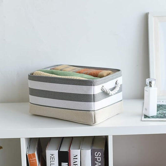 TheWarmHome Storage Basket Fabric Basket with Handles Dog Toy Basket Cloth Storage Bin Shelf Basket Decorative Storage Basket Shoe Basket Gift Basket(Grey&White Stripes-1 Pack,15.7L×11.8W×8.3H)