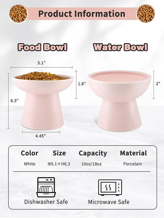 LoeJan Elevated Cat Food and Water Bowls Set, Extra Wide and Raised Ceramic Feeder, Anti-Vomit Whisker-Free Pressure Feeding Bowl for Kittens Adult Cats Small Dogs (Pink, Bowl Set)