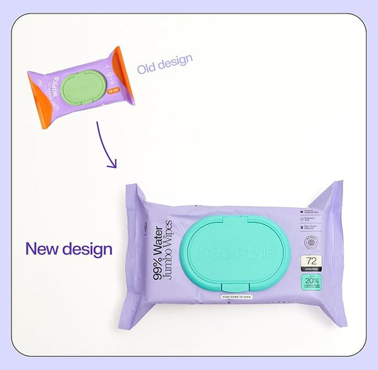 Freestyle Soft Jumbo Baby Wipes, Hypoallergenic and Unscented, Water-Based Wet Wipes for Babies, Finely Suited for Sensitive Skin, Thick & Oversized, Pack of 6, 72 Wipes Per Pack