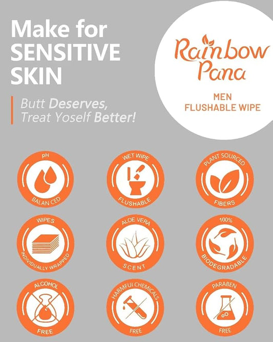 RainbowPana 240 Count Flushable Wipes for Men: ON-THE-GO, Individually Wrapped | Butt Wipes, Travel Wipes | Lightly Scented - Vitamin C, E, Aloe, Plant Extract | Hypoallergenic, Sensitive Skin