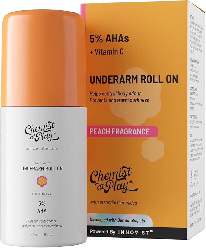 Chemist at Play UnderArm Roll-On with 5% AHA| Lactic & Mandelic Acid|Prevents Odour, Brightens Skin & Exfoliates Underarm | For Sensitive Skin | Peach Fragrance | Alcohol & Aluminium Free | 1.35 fl oz