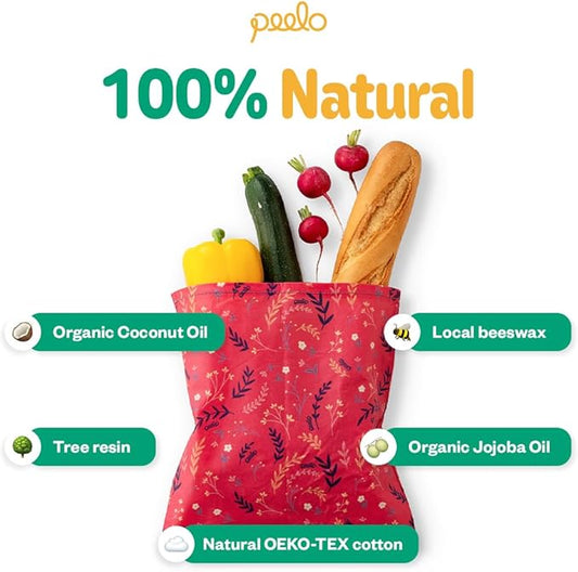 PEELO Beeswax Food Wrap Bag, Bee Wrap Sustainable Food Storage Wraps, Beeswax Bags Reusable, Beeswax Wraps for Food Reusable, Botanica Design, Medium