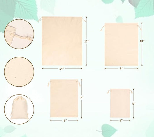10PCS Cotton Storage Bags with Drawstrings, X-Large 14x17inch Multipurpose Canvas Fabric Bread Bags, Reusable Muslin Bulk Flour Sack Bags, Natural Potato Onion Storage Bags, Cloth Shoe Bags