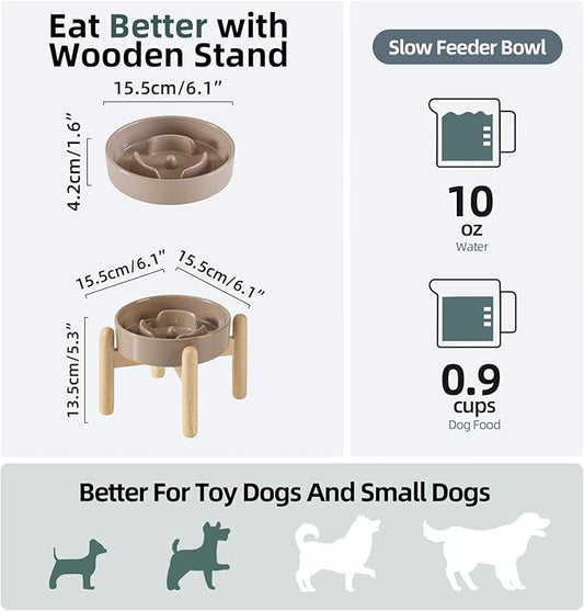 Ceramic 0.9 Cup Raised Dog Slow Feeder Set, Elevated Bowl with Wooden Stand for Small Dog and Cat, 6.1inch Puzzle Slow Dog Food Dish, Preventing Choking(Brown Coffee, Single Bowl+ Stand)