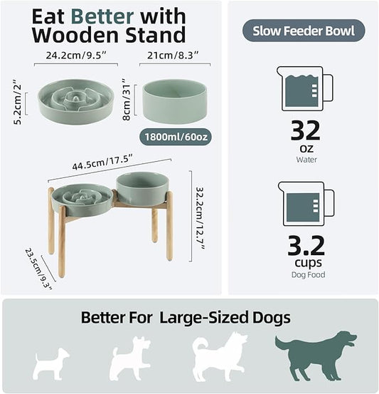 Ceramic Raised Slow Feeder Dog Bowl Set, Elevated 8.2inch Bowl and 9.5inch Puzzle Slow Food Dish with Wooden Stand for Large Dog, Anti-Gulping (2X Light Green+ Stand)