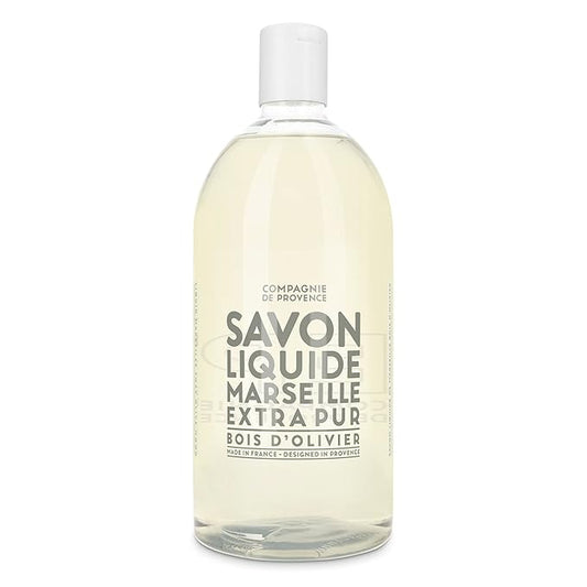 Compagnie de Provence Savon de Marseille Extra Pure Liquid Soap - Olive Wood - 16.7 Fl Oz Glass Pump Bottle and 33.8 fl oz Plastic Bottle Refill