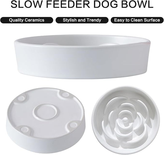 8.25'' Ceramic Slow Feeder Dog Bowls - Petal Shape Modern Dog Food Dish for Medium and Large Breeds, Puzzle Maze Bowl to Slow Down Eating, Anti-Gulping, Dishwasher & Microwave Safe, White