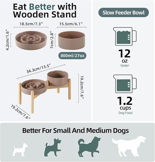 Ceramic 1.2 Cup Raised Slow Feeder Dog Bowl Set, Elevated 6.1inch Bowl and 7.3inch Puzzle Slow Food Dish with Wooden Stand for Medium and Small Dog, Anti-Gulping (2 x Brown Coffee+ Stand)