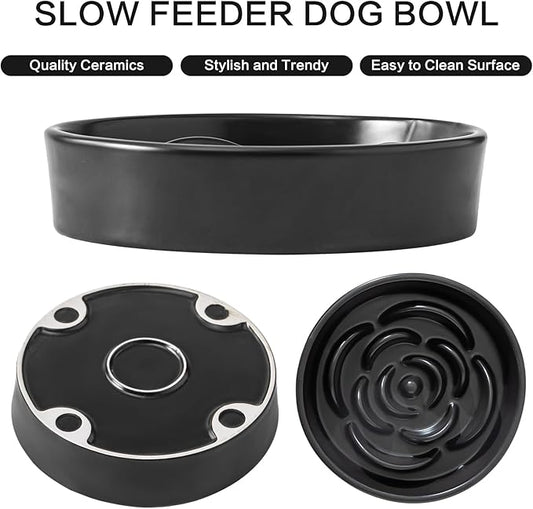 8.25'' Ceramic Slow Feeder Dog Bowls - Petal Shape Modern Dog Food Dish for Medium and Large Breeds, Puzzle Maze Bowl to Slow Down Eating, Anti-Gulping, Dishwasher & Microwave Safe, Black