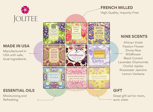 Jolitee French Milled Botanical Soap Sampler Set of 9 - Individually Wrapped Vegetable-Based Mini Soaps with Essential Oils, Shea Butter, and Natural Extracts (Floral Favorites)