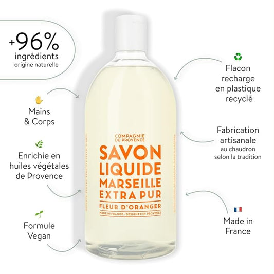 Compagnie de Provence Savon de Marseille Extra Pure Liquid Soap - Orange Blossom - 33.8 fl oz Plastic Bottle Refill