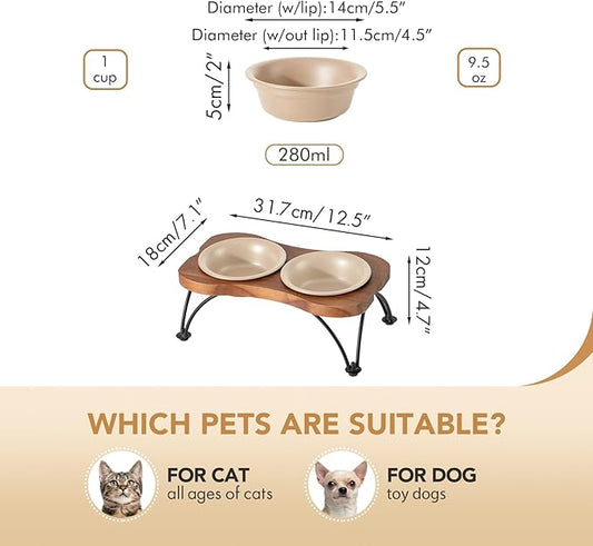 Ceramic 5.5-inch Raised Double-Bowl Set with Non-Slip Stand, 1 Cup Food or 9.5oz Water Dishes for Puppies and Cats, Wide Opening with Rounded Edges(Oat Beige)