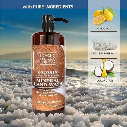 Dead Sea Collection Hand Soap Pump Coconut - Hand Wash Liquid with Dead Sea Minerals and Coconut Oil - All Skin Types Moisturizing & Nourishing - Pack of 2 (33.8 Fl Oz Each) - 67.6 Fl Oz
