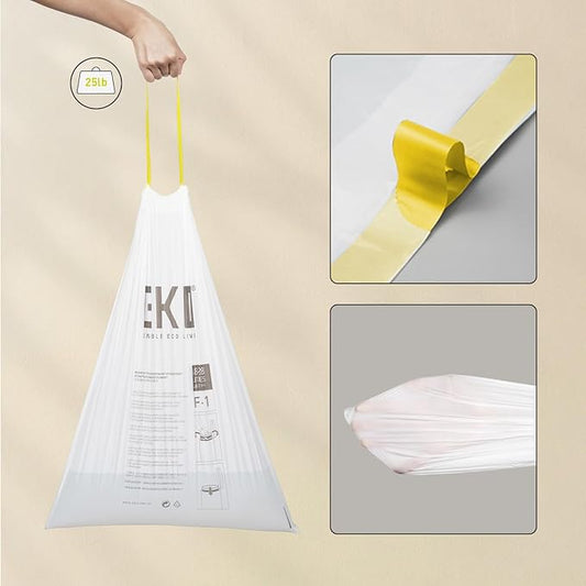 EKO 8 Gallon / 30.3 Liter, 60 Count Drawstring Trash Bags, Extra-Strong Unscented Garbage Bags, Easy-Dispense Roll for Kitchen & Household Use, Resists Tears, Leaks and Punctures, Code F-1, White