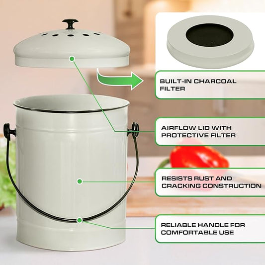 Plexon Countertop Compost Bin Kitchen Indoor with Lid, Off-White 1.5 Gallon Odorless Container, Steel Food Compost Bucket for Kitchen with Charcoal Filter, Compost Pail Countertop