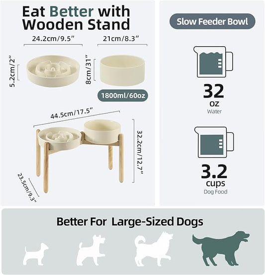 Ceramic Raised Slow Feeder Dog Bowl Set, Elevated 8.2inch Bowl and 9.5inch Puzzle Slow Food Dish with Wooden Stand for Large Dog, Anti-Gulping (2X Beige+ Stand)