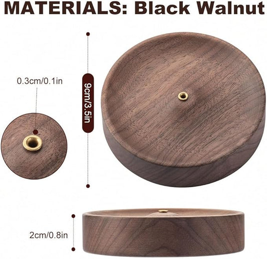 Black Walnut Incense Holder for Sticks - Round Wooden Incense Burner Tray, Handcrafted Natural Aroma Diffuser Bowl with Minimalist Design