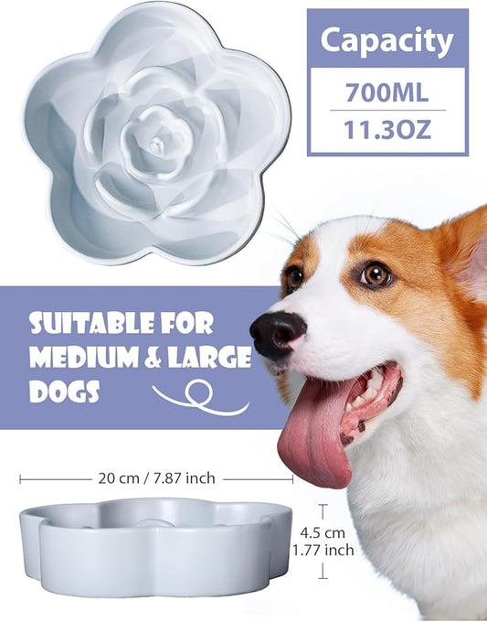 Ceramic Slow Feeder Dog Bowl, Anti-Choking Slow Food Bowls, 8" 11.3oz Slow Feeder for Medium, Large Breeds, Plum Puzzle Design, Non-Slip Silicone, Dishwasher and Microwave Safe, Blue