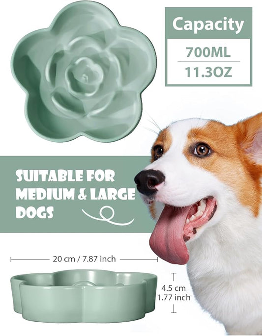 Ceramic Slow Feeder Dog/Cat Bowl, Anti-Choking Food Bowl, 8" 11.3oz for Medium, Large Breeds, Plum Puzzle Design, Non-Slip Silicone, Dishwasher and Microwave Safe, Green