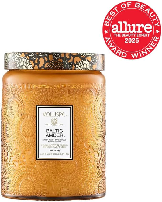 Voluspa Baltic Amber, Large Candle Jar, 18 oz, 100 Hour Burn Time, Coconut Wax for Clean Burning, Handcrafted in the USA