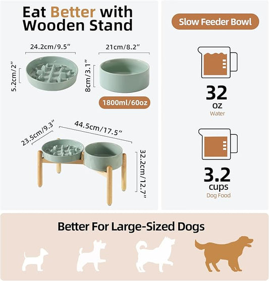 Ceramic Raised Slow Feeder Dog Bowl Set, Elevated 8.2inch Bowl and 9.5inch Slow Pet Food Dish with Wooden Stand for Large Dog (2 x Light Green+ Stand)