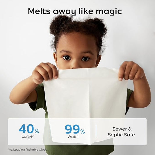 Bc Babycare Flushable Wipes, Hypoallergenic for Sensitive Skin, 99% Water, Plant-Based Fibers, Sewer + Septic Safe, Fragrance Free Toddler Potty Training, 42 Wipes, 3 Packs