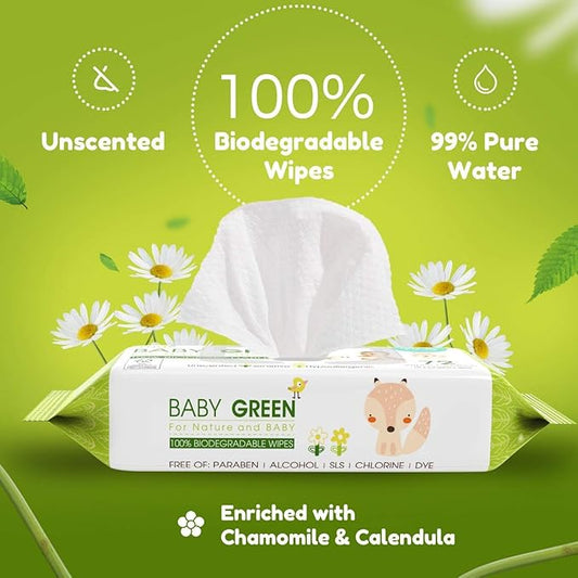 Yugi Green Baby Wipes – Unscented, Compostable, Biodegradable, Plant-Based, Fragrance-Free, for Sensitive Skin & Babies – 1 Pack of 72 (72Count)
