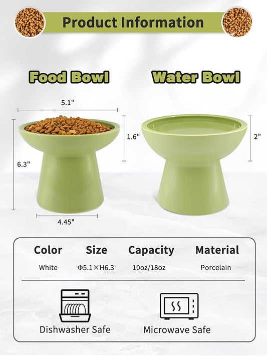 LoeJan Elevated Cat Food and Water Bowls Set, Extra Wide and Raised Ceramic Feeder, Anti-Vomit Whisker-Free Pressure Feeding Bowl for Kittens Adult Cats Small Dogs (Green, Bowl Set)