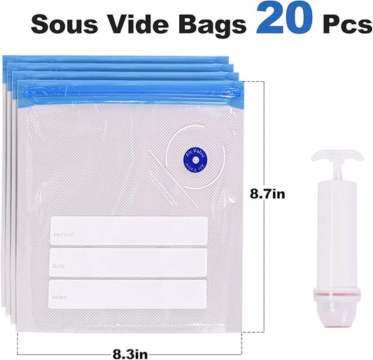 Sous Vide Bags, 20 PCS 8"X9" Reusable Vacuum Seal Bags for Food,Vacuum Zipper Sealer Bag with Hand Pump, Sous Vide Cooking,Freezer Safe,Microwave Heating and Food Storage