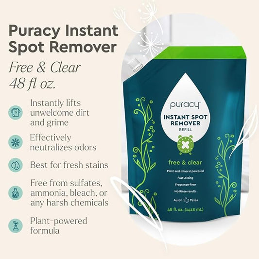 Puracy Laundry Stain Remover for Clothes Laundry - Carpet Stain Remover Carpet Spot Cleaner Couch Stain Remover - Clothes Spray, Free & Clear - Instant Spot Remover, 48 Fl Oz (Pack of 1)