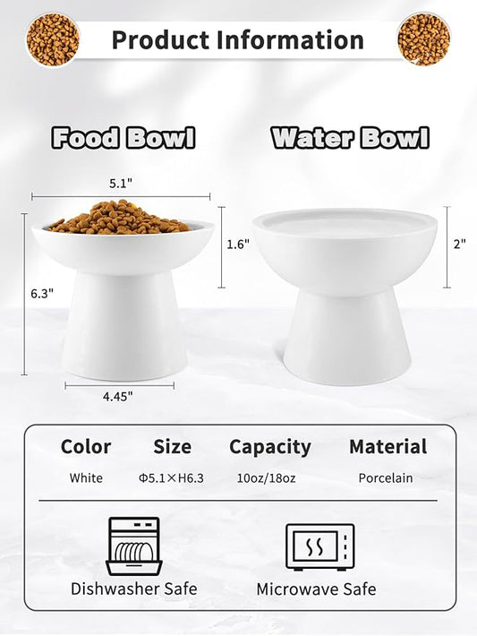 LoeJan Elevated Food and Water Bowls Set, Extra Wide and Raised Ceramic Feeder, Anti-Vomit Whisker-Free Pressure Cat Feeding Bowl for Kittens Adult Cats Small Dogs (White, Food Bowl)